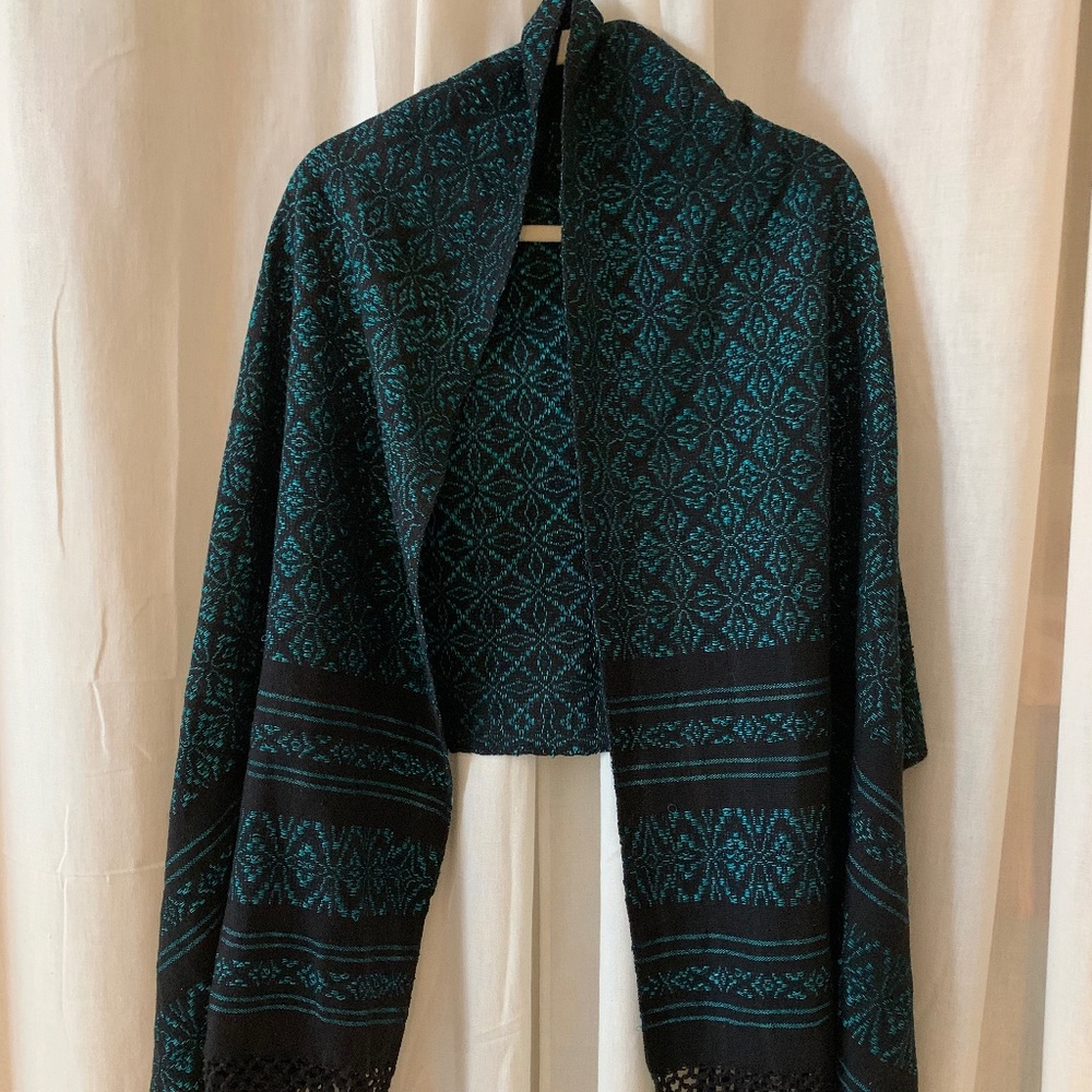 Mexican Handwoven Zapotec Shawl Cotton - Turquoise & Black